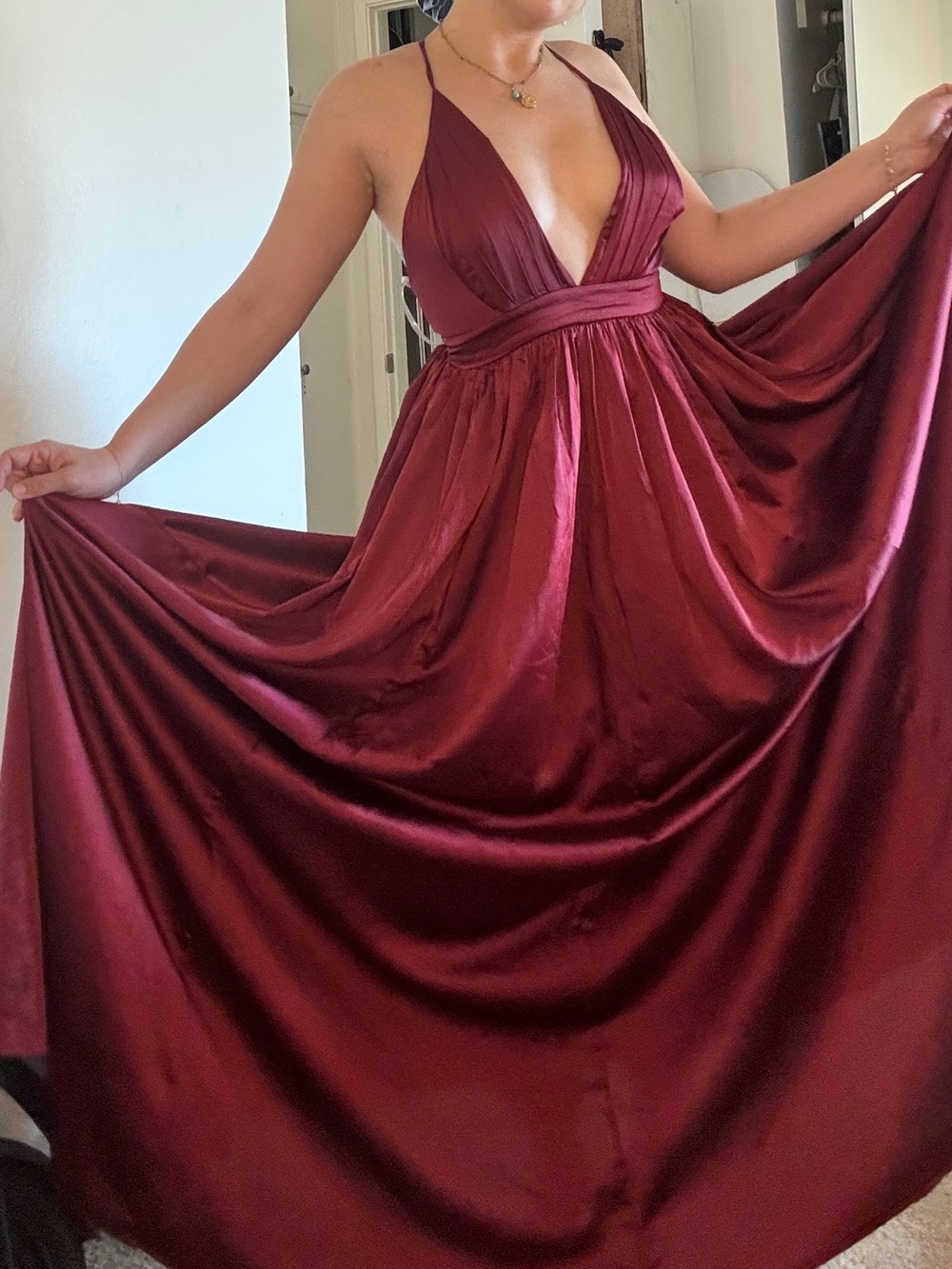 Windsor Burgundy Satin Plunge Halter Maxi Dress